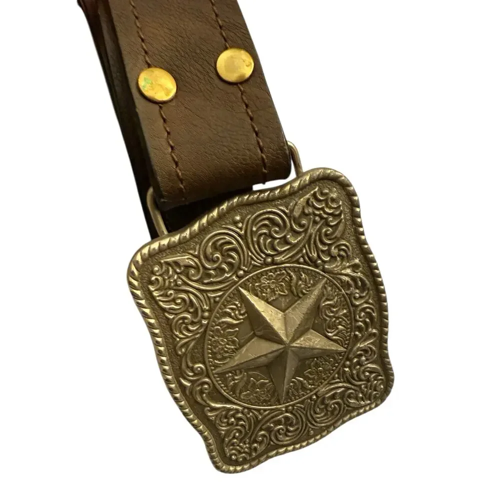 Men’s Western Brown Leather Belt Silver Texas Star Buckle Cowboy Rodeo Size 44